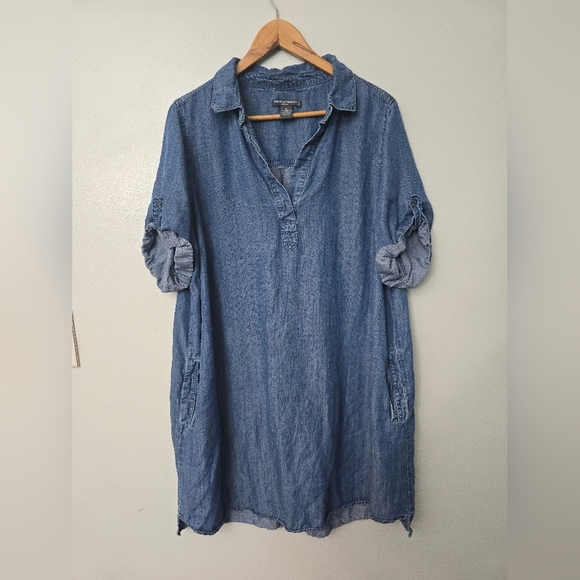 Chelsea & Theodore 1X Denim Dress Shirt Roll Tab Sleeve Chambray Blue V Neck - Picture 1 of 11
